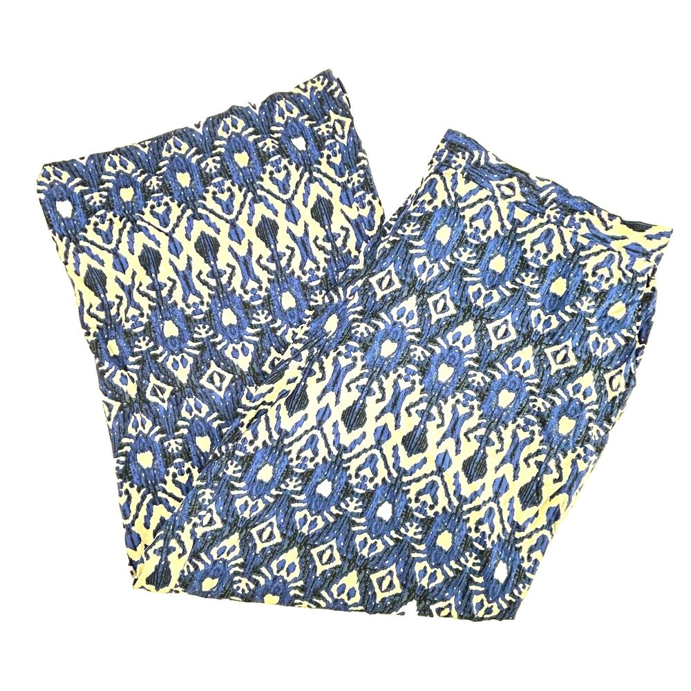 Ellos Wide Leg Palazzo Pants Back Elastic Pockets Blue White Ikat Print Size 2X